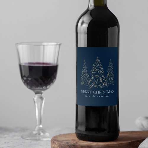 Sparkling Winter Pine Navy Merry Christmas Wine Label