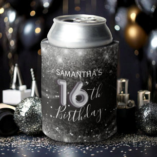 Sparkly 16th Birthday Silver Glitter & Black Can Cooler