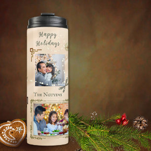 Sparkly 6 Photo Collage Gold & Peach Christmas Thermal Tumbler