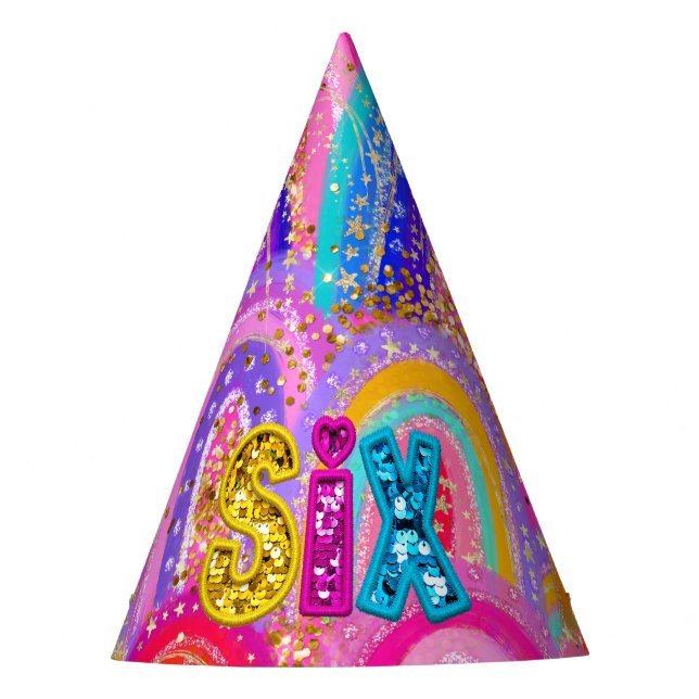 Sparkly 6th Rainbow Sequin Gold Glitter Maximalist Party Hat (Front)