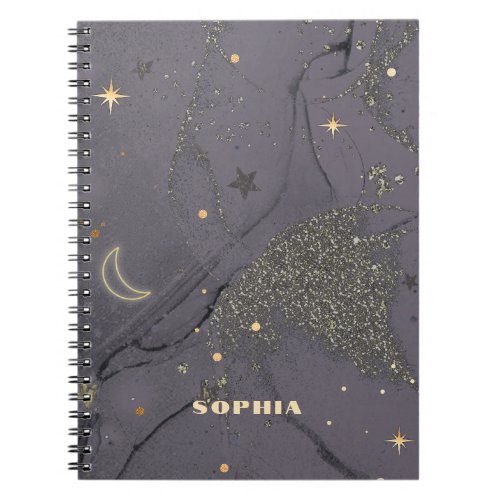 Sparkly abstract gray stars moon name phonecase notebook
