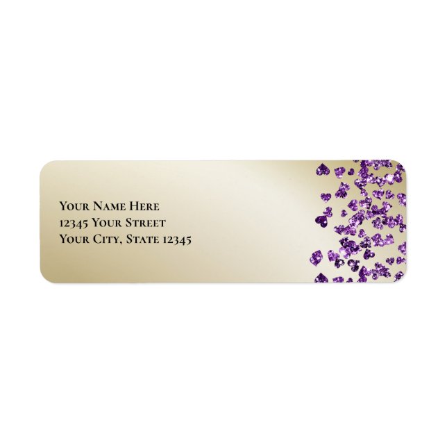 Sparkly Amethyst and Gold Glitter Hearts Label (Front)
