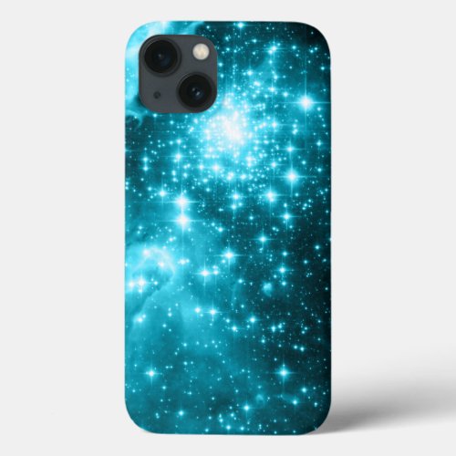 Sparkly Aqua and Teal Celestial Stars iPhone 13 Case