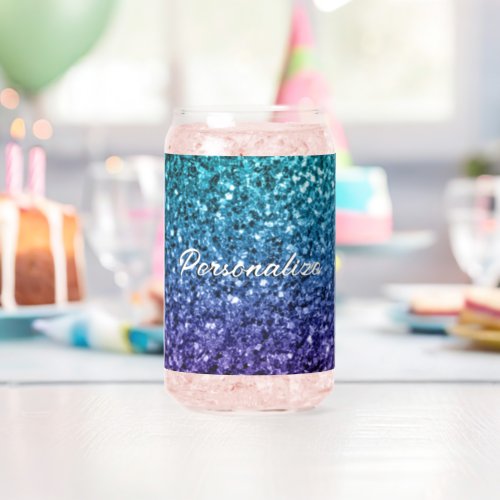 Sparkly aqua blue Ombre sparkles Custom text Can Glass