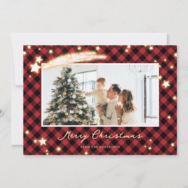 Sparkly Black and Red Buffalo Plaid Star Photo Holiday Card (Front)