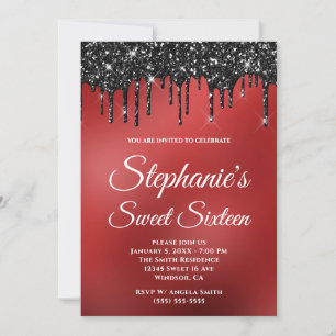 Sparkly Black Glitter Dark Red Gradient Sweet 16 Invitation
