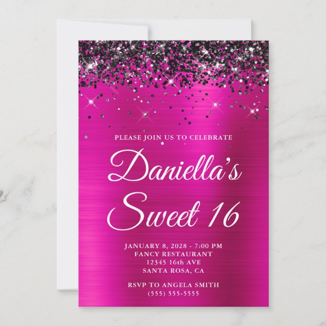 Sparkly Black Glitter Hot Pink Foil Sweet 16 Invitation (Front)
