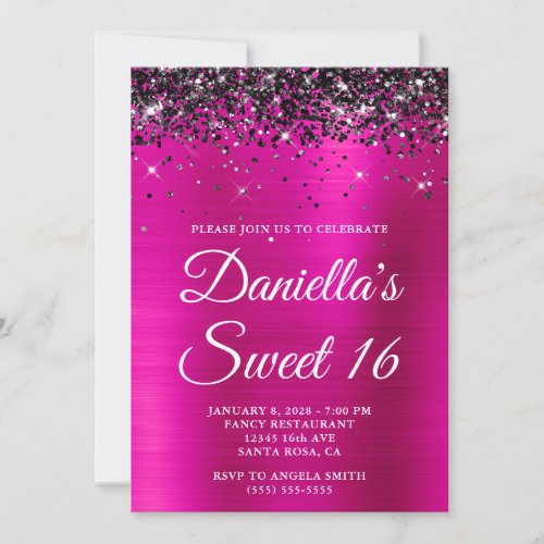 Sparkly Black Glitter Hot Pink Foil Sweet 16 Invitation