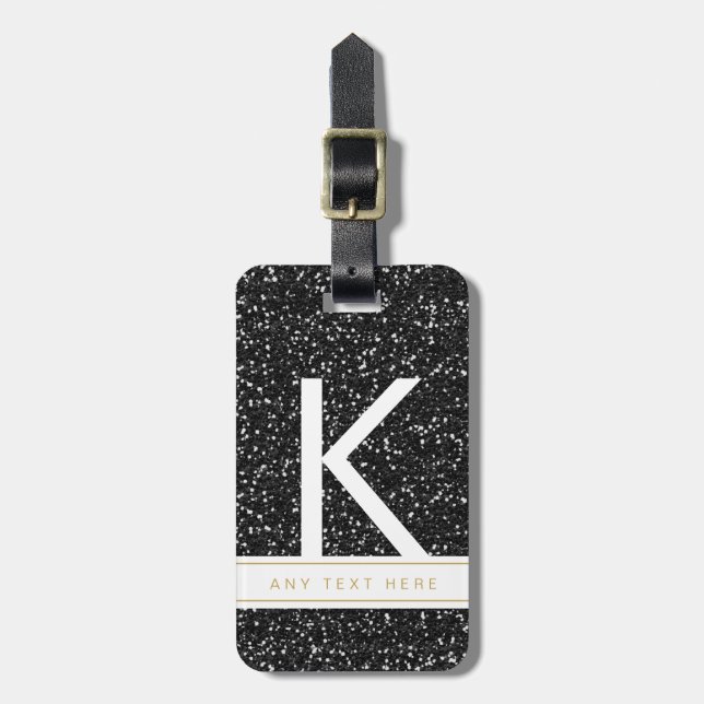 Sparkly Black Glitter Monogrammed Initial Luggage Tag (Front Vertical)