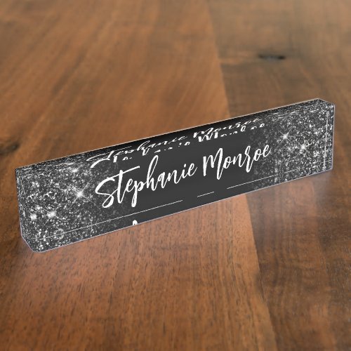 Sparkly Black Glitter Ombre Modern Calligraphy Desk Name Plate