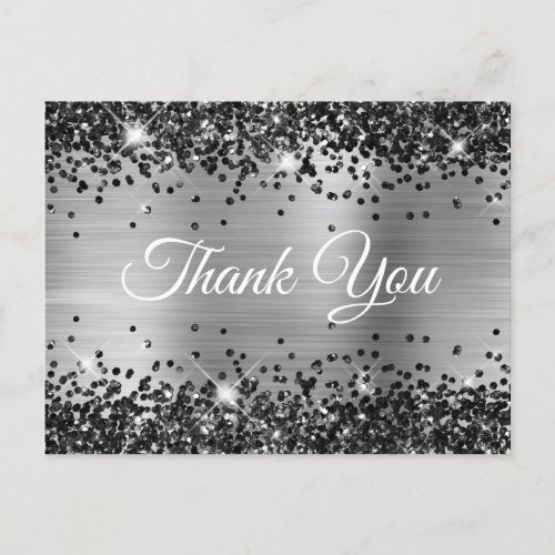 Sparkly Black Glitter Silver Foil Thank You Postcard