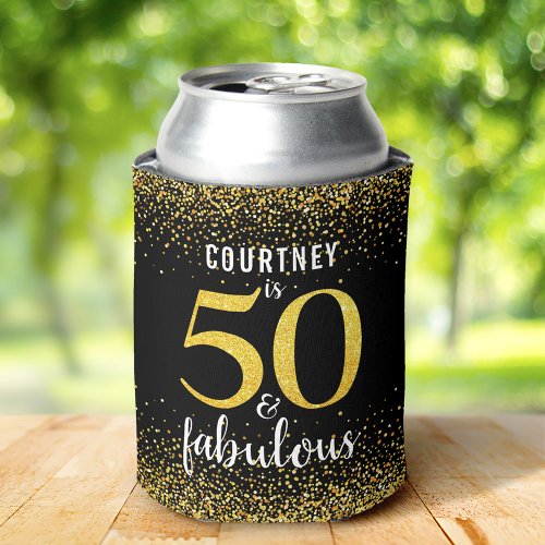Sparkly black gold glitter script 50 and fabulous can cooler