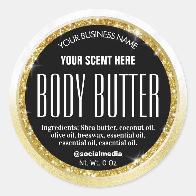 Sparkly Black Gold Marble Body Butter Labels (Front)