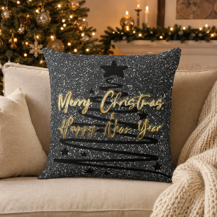 Sparkly Black Gold Merry Christmas Happy New Year Throw Pillow