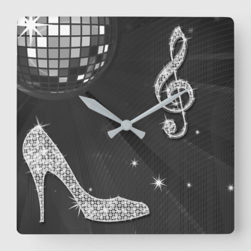 Sparkly Black Music Note  Stiletto Heel Square Wall Clock