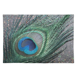 Sparkly Black Peacock Feather Still Life Cloth Placemat