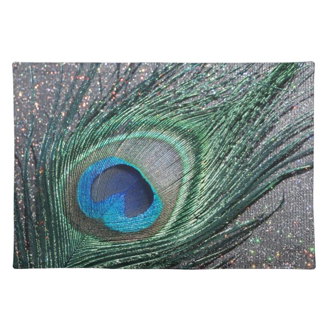 Sparkly Black Peacock Feather Still Life Cloth Placemat (Front)
