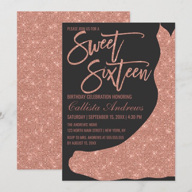 Sparkly Black Rose Gold Glitter Dress Sweet 16 Invitation (Front/Back)