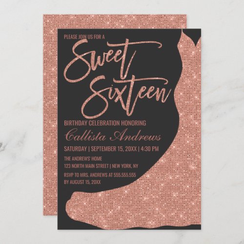 Sparkly Black Rose Gold Glitter Dress Sweet 16 Invitation