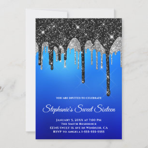 Sparkly Black Silver Glitter Blue Ombre Sweet 16 Invitation