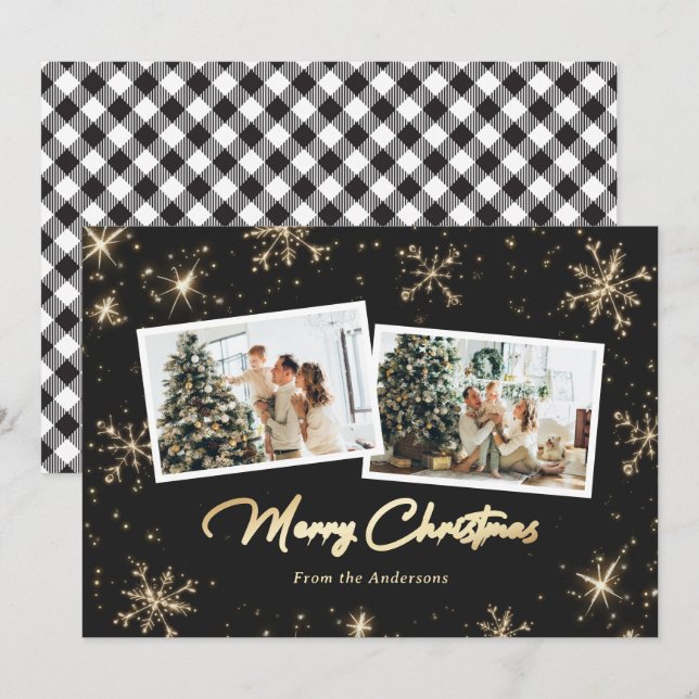 Sparkly Black White Gold Photo Christmas Cards (Front/Back)