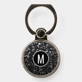 Sparkly Black White  Sequin Glitter Monogrammed Phone Ring Stand