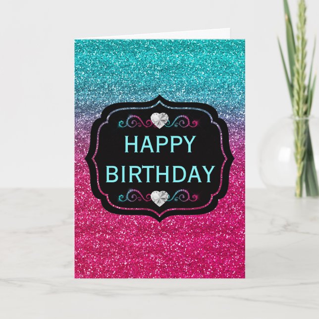 Sparkly Blue and Pink Gradient Glitter Birthday Card (Front)