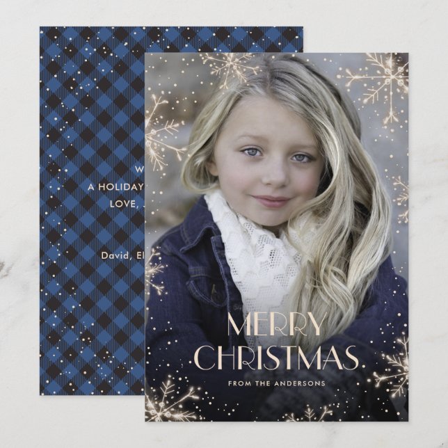Sparkly Blue Buffalo Plaid Photo Christmas Cards (Front/Back)