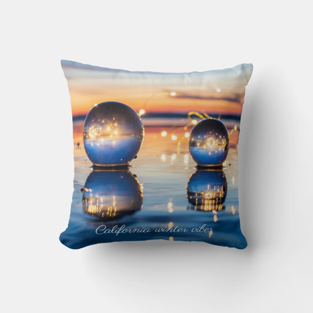 Sparkly Blue Orange Ocean Beach Sunset Lensball Throw Pillow (Front)