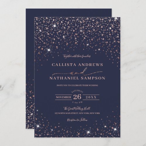 Sparkly Blue Rose Gold Glitter Confetti Wedding Invitation