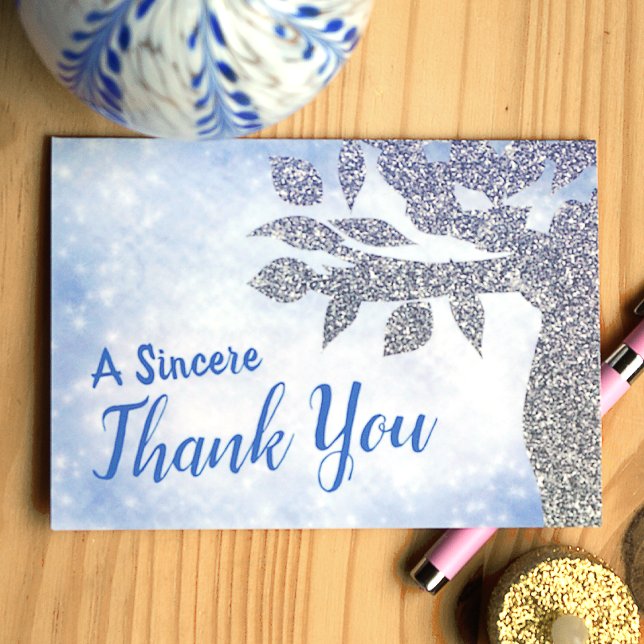 Sparkly Blue Silver Glitter Bat Mitzvah Thank You (Blue and silver glitter tree of life thank you card for bat mitzvah guests)