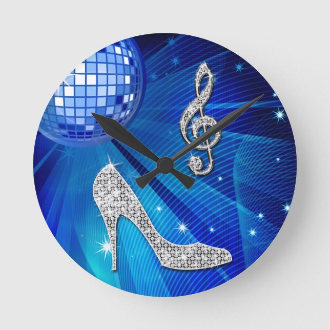 Sparkly Blue/silver Music Note & Stiletto Heel Round Clock (Front)