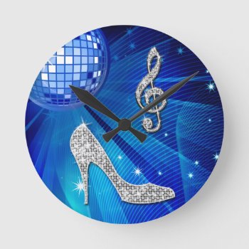 Sparkly Blue/silver Music Note & Stiletto Heel Round Clock by Sarah_Designs at Zazzle