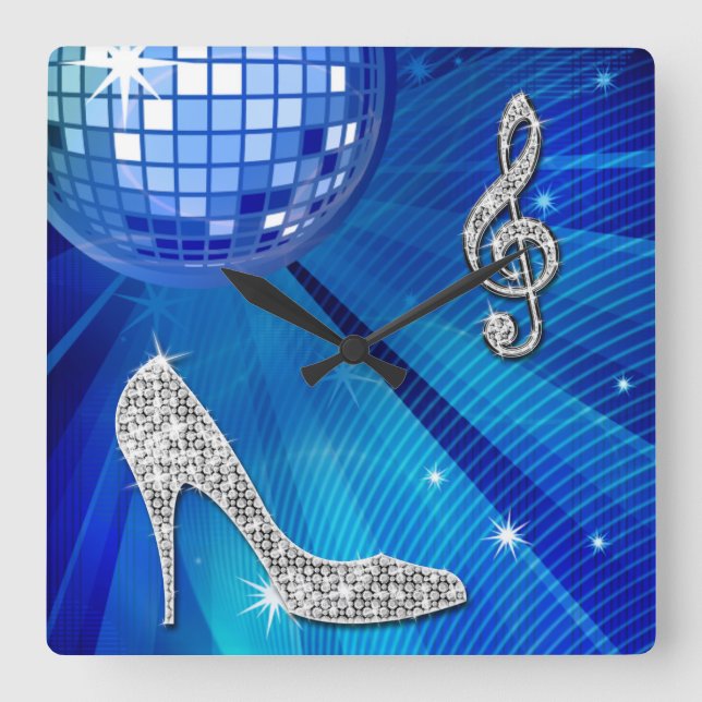 Sparkly Blue/silver Music Note & Stiletto Heel Square Wall Clock (Front)