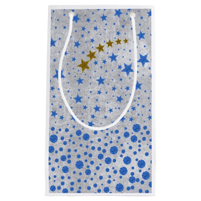 Sparkly blue stars on abstract silver paper small gift bag (Front)