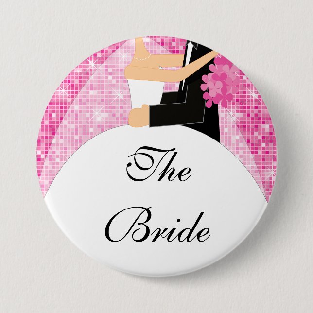Sparkly Bride Bridal Party  Button / Pin Pink (Front)