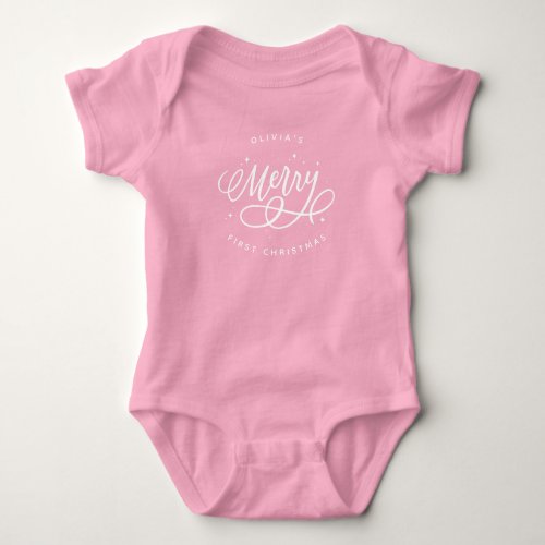 Sparkly Bubbly Script Merry First Christmas Baby Bodysuit