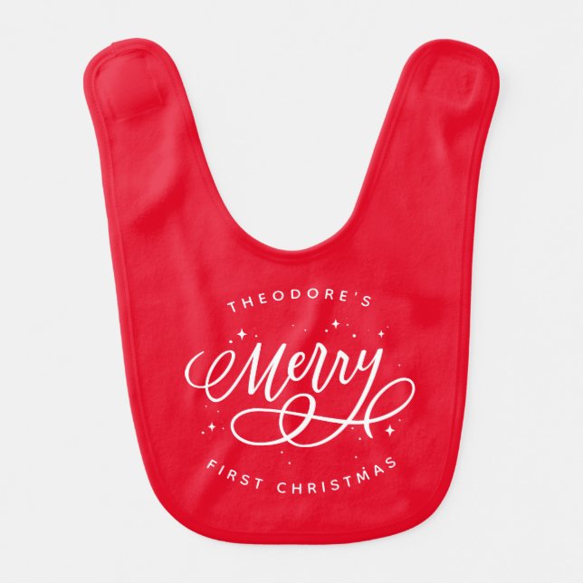 Sparkly Bubbly Script Merry Holiday Baby Bib (Front)