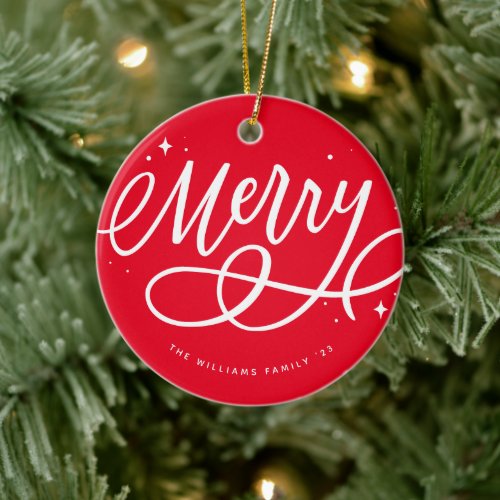 Sparkly Bubbly Script Merry Holiday Ceramic Ornament
