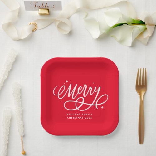 Sparkly Bubbly Script Merry Holiday Paper Plates