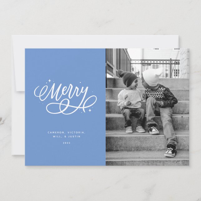Sparkly Bubbly Script Merry Holiday Photo Card (Front)