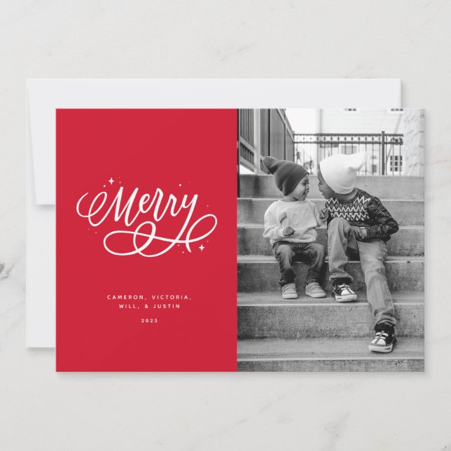 Sparkly Bubbly Script Merry Holiday Photo Card (Front)