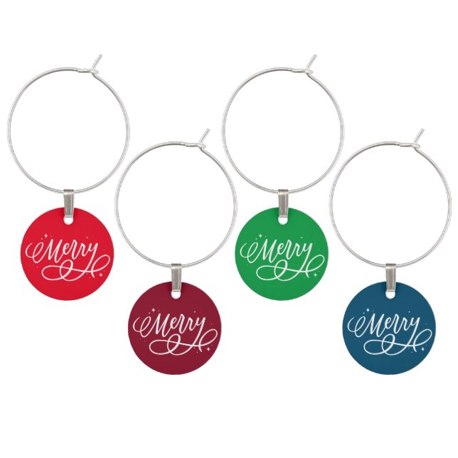 Sparkly Bubbly Script Merry Holiday  Wine Charm (Staggered)