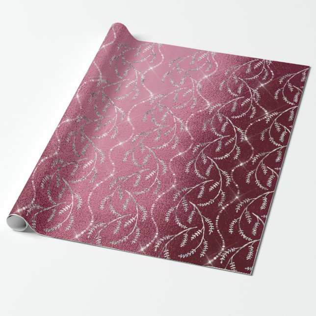 Sparkly Burgundy Laurel Floral Silver Diamonds Wrapping Paper (Unrolled)