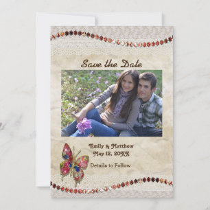 Sparkly Butterfly, Lace & Parchment Save the Date