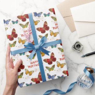Sparkly Butterfly Stars Birthday Wrapping Paper