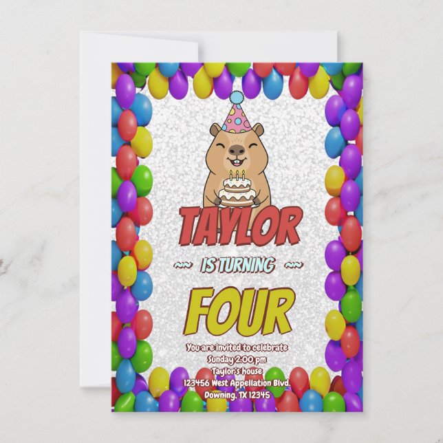 Sparkly Capybara Birthday Invite (Front)