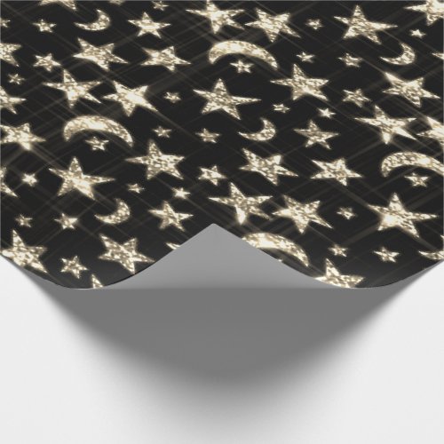 Sparkly Champaigne Gold Stars Moon Sky Black Wrapping Paper