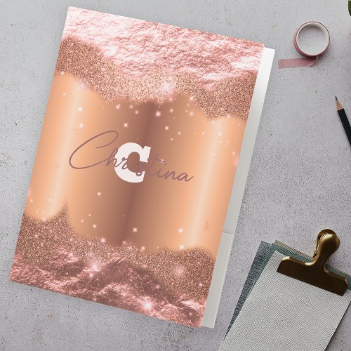 Sparkly Chic Glitter Faux Foil Rose Gold Glam Pocket Folder
