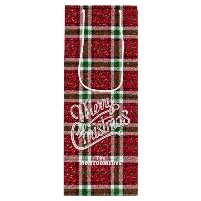 Sparkly Christmas Plaid  Wine Gift Bag (Front)